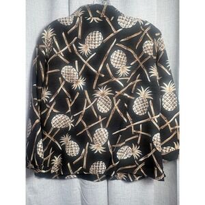 Silk Land Womens Black Silk Sequin Pineapple Bamboo Tropical Button Up Shirt L
